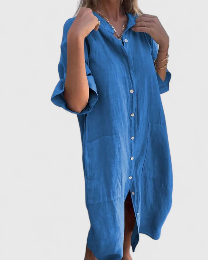 Collared Button Front Roll Sleeve Pocket Shirt Dress