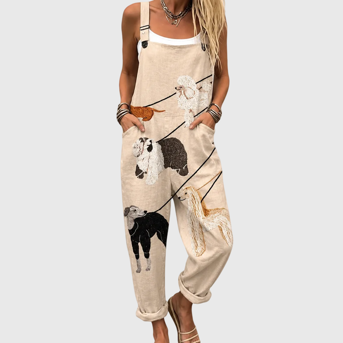 Dog Print Sleeveless Wide Leg Dungaree Overalls