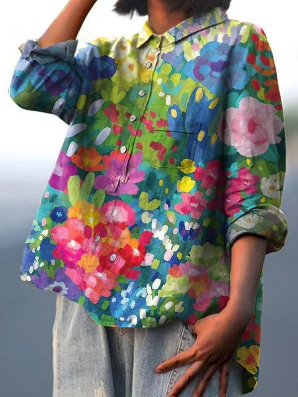Floral Art Print Collared Long Sleeve Button Front Shirt