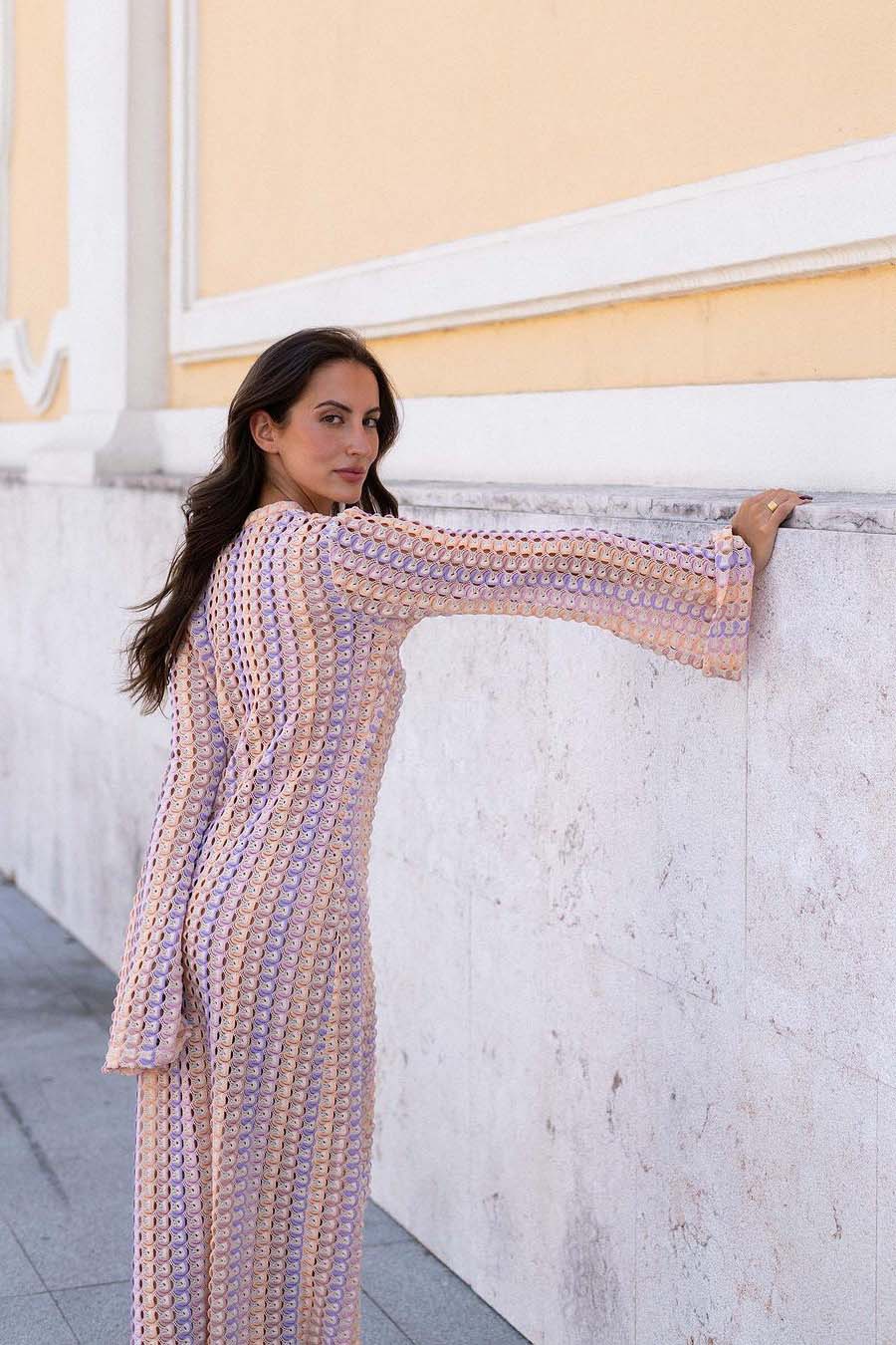Crochet Deep V-Neck Long Sleeve Striped Boho Maxi Dress