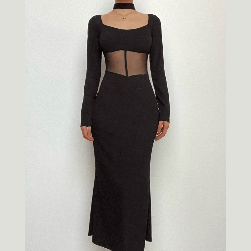Mesh Panel Waist Square Neck Long Sleeve Bodycon Maxi Dress