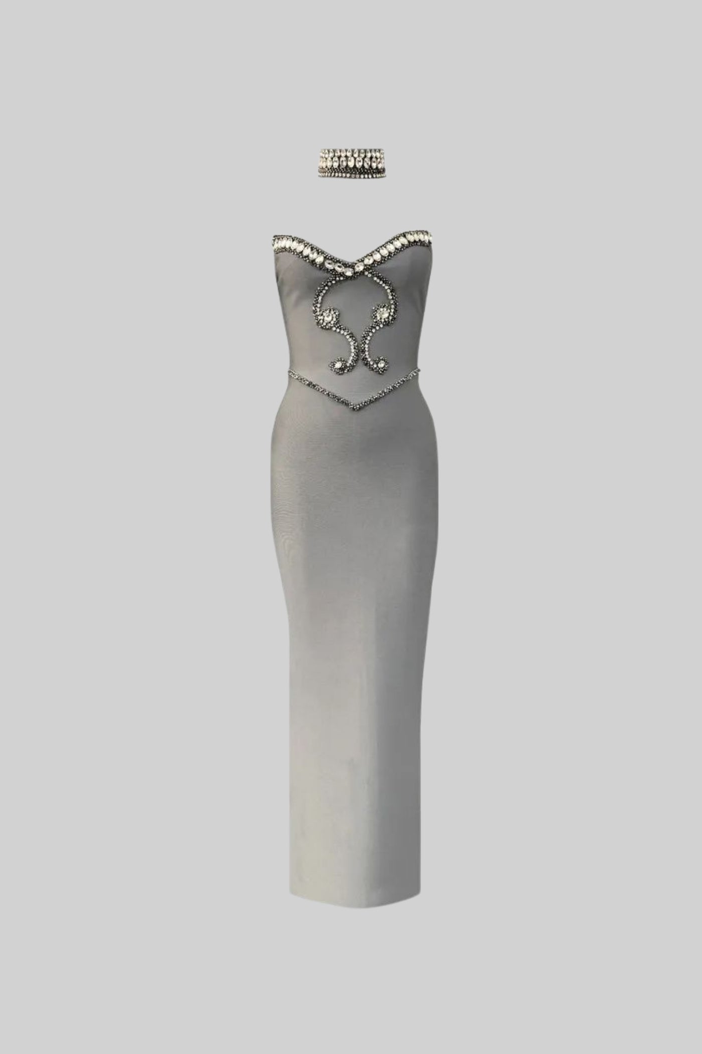 Crystal-Embellished Strapless Gown with Choker – Gray