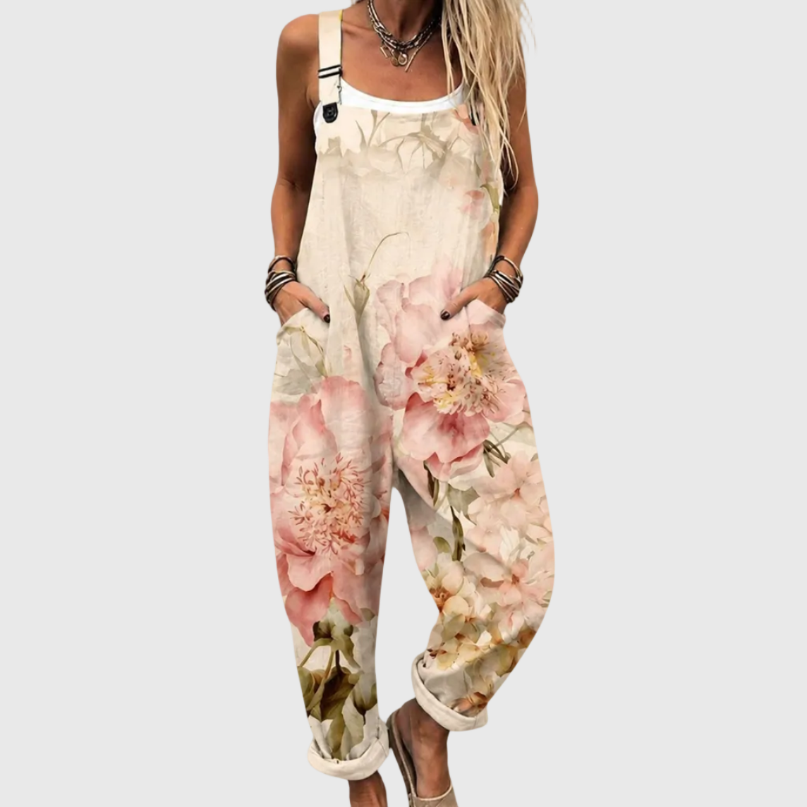 Floral Print Sleeveless Cuffed Overall Jumpsuit