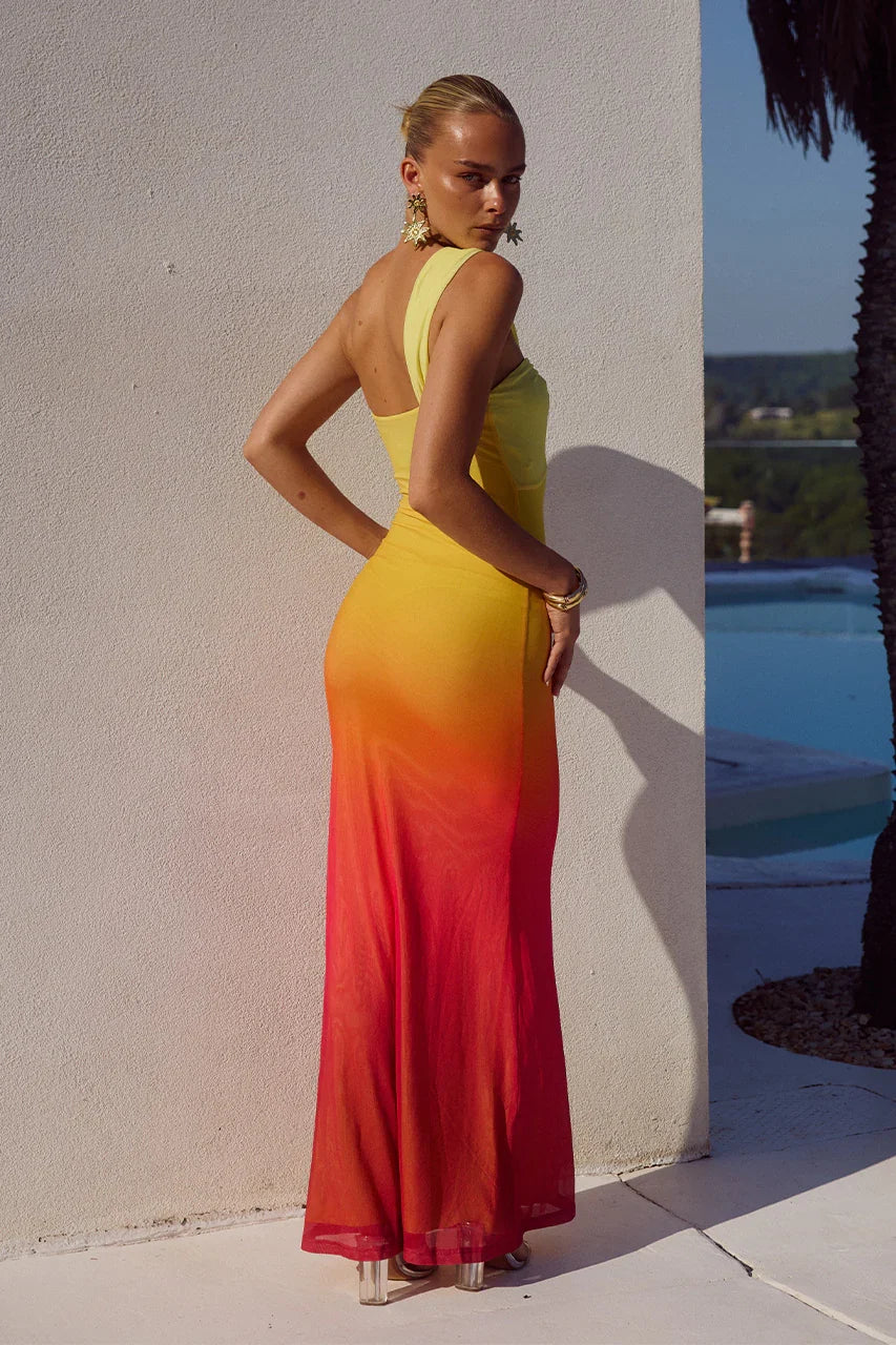 Ombre Mesh One Shoulder Twist Front Cut Out Maxi Dress 4