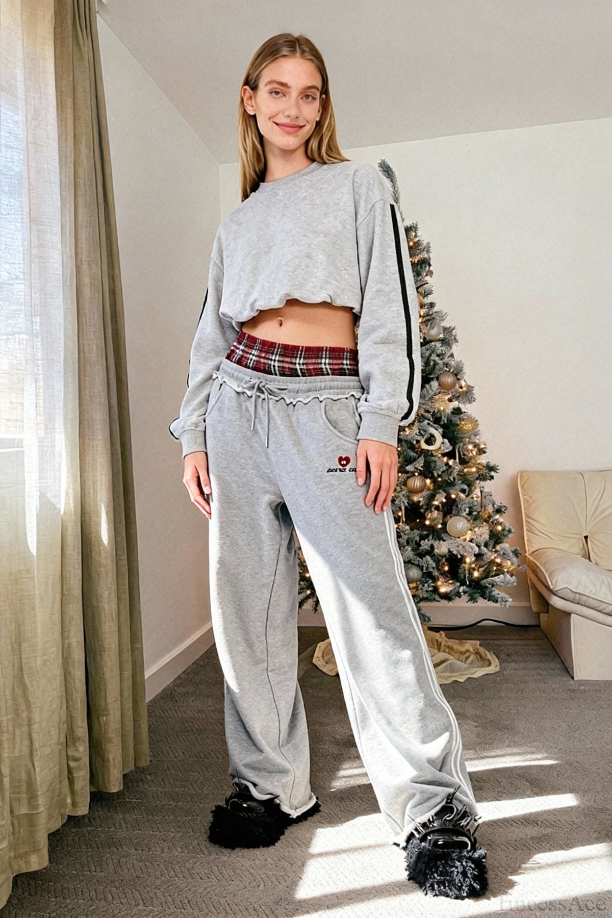 Plaid Double Waist Drawstring Side Stripe Wide Leg Jogger Pants