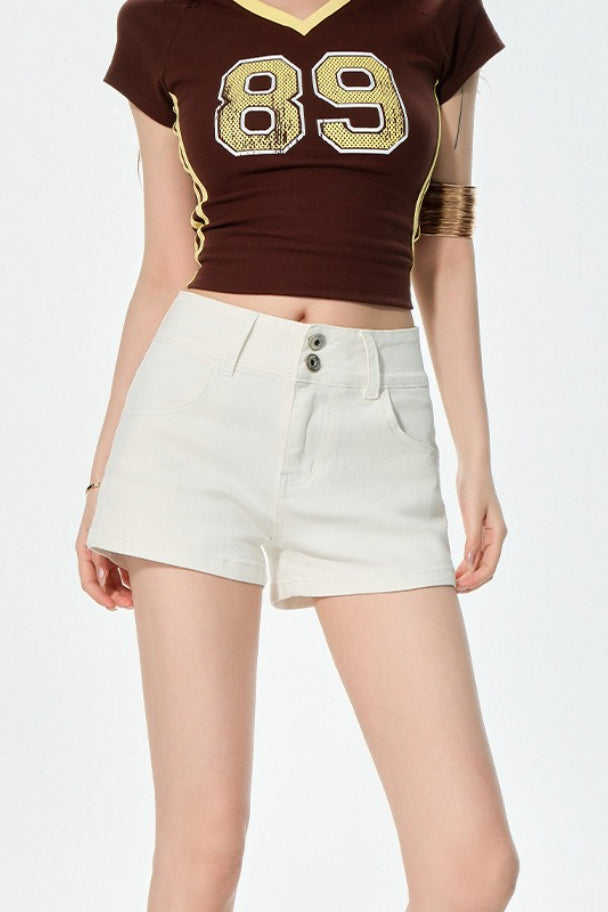 High Rise Curvy Fit Khaki Denim Shorts