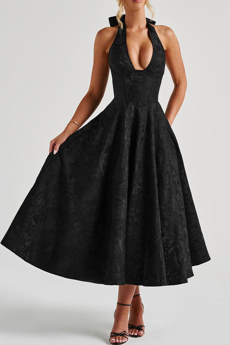 Halter Deep V-Neck Corset Jacquard Fit and Flare Midi Dress