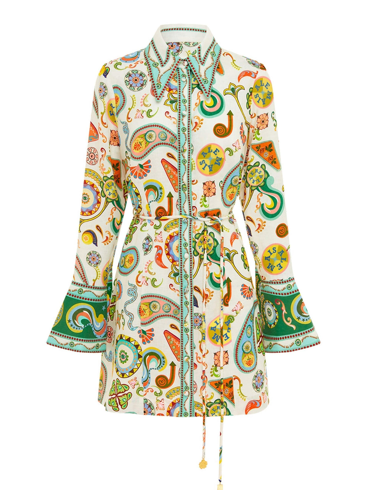 Paisley Print Pointed Collar Bell Sleeve Button Front Belted Mini Shirt Dress 3