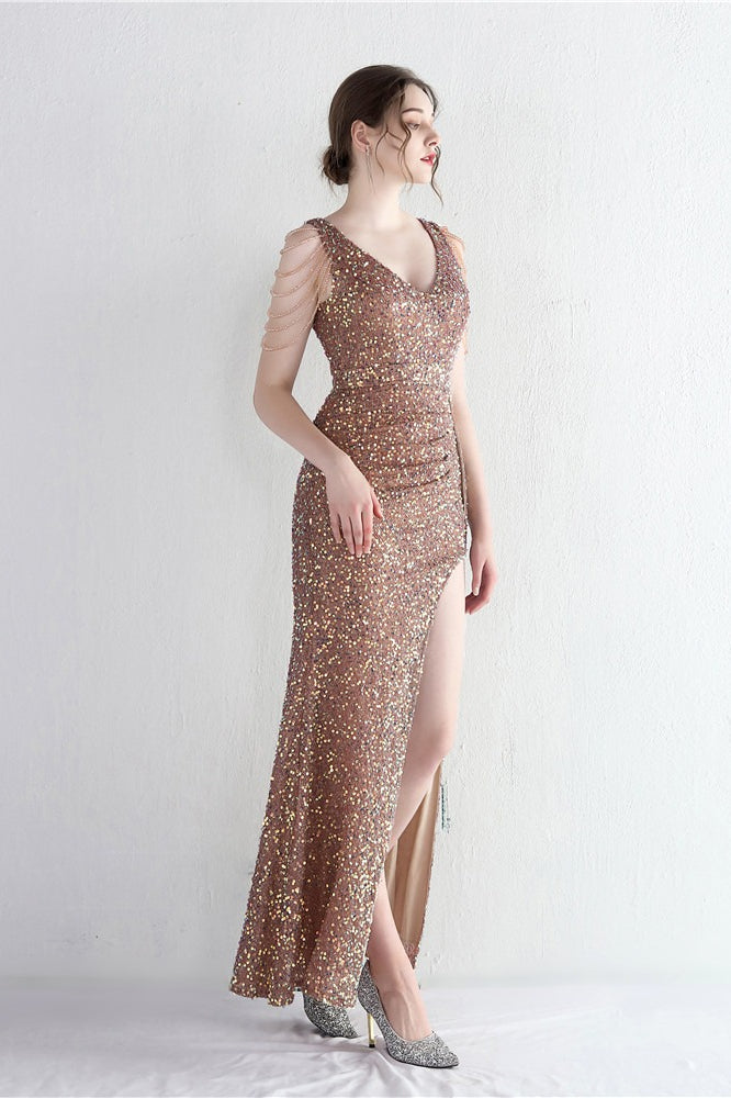Sequin V-Neck Beaded Fringe High Split Mermaid Gown