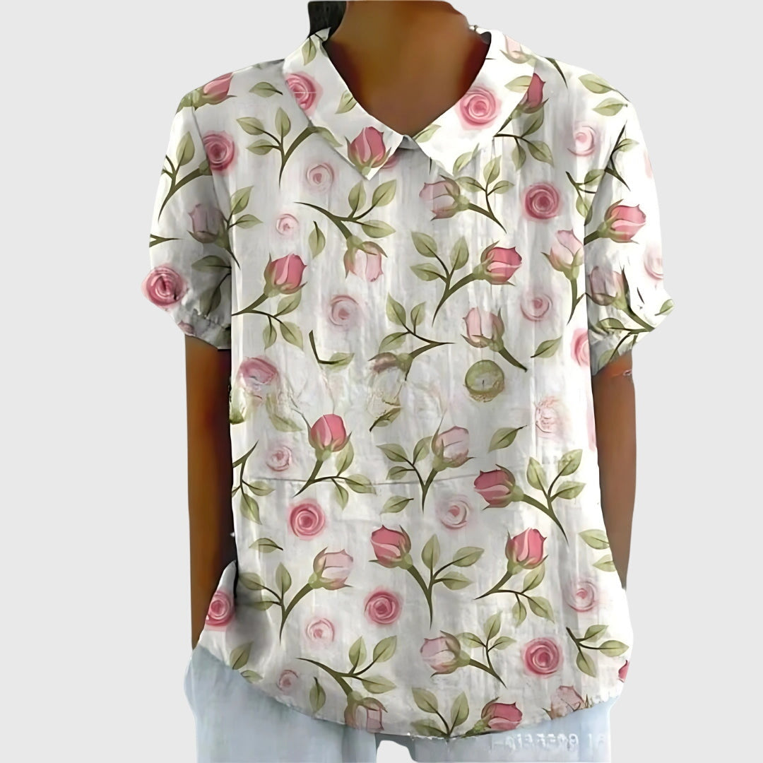 Floral Print Notch Neck Short Sleeve Linen Blouse 7