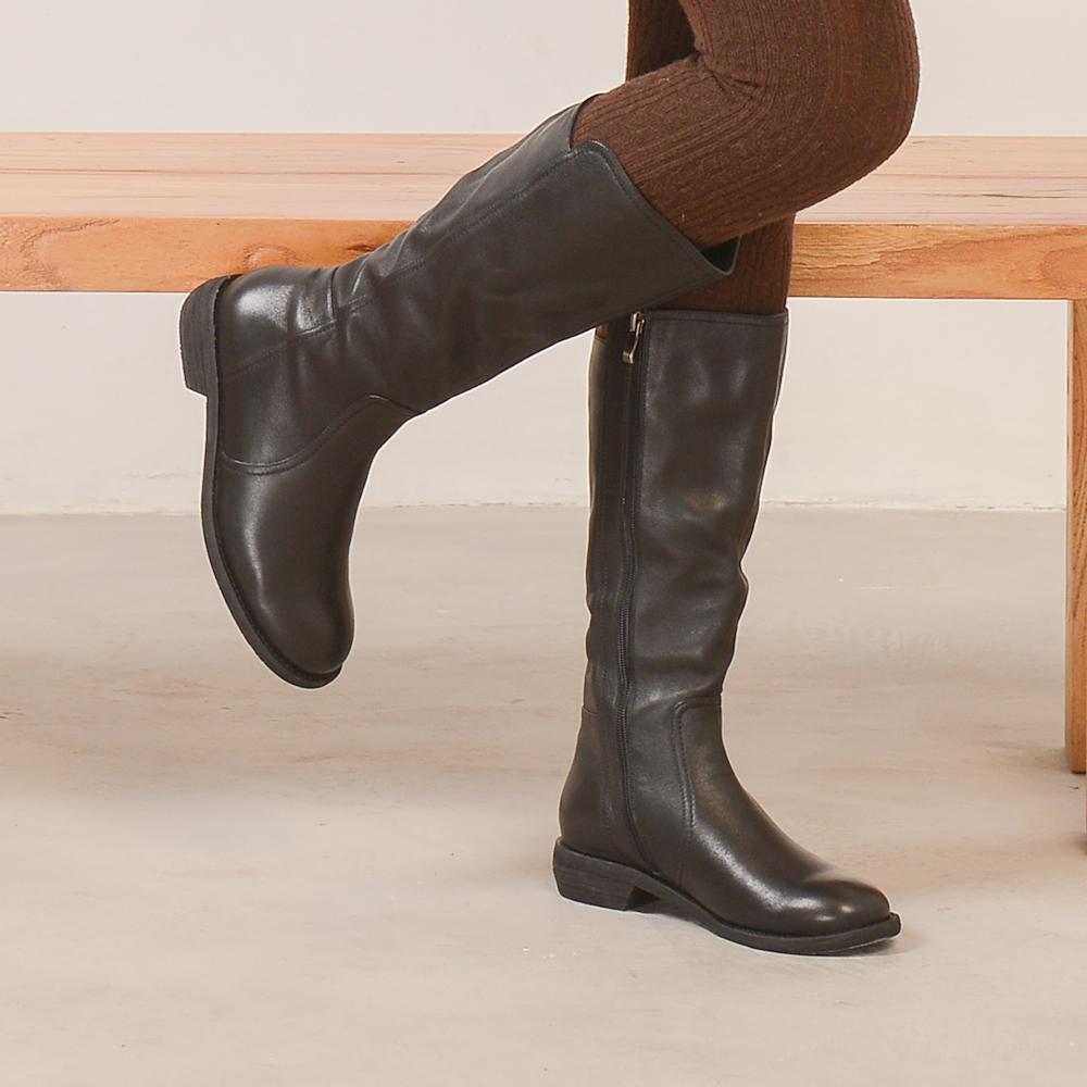 Wide Fit Handmade Soft��Leather Knee High Boots Side Zip Riding Boots Black Short Plush