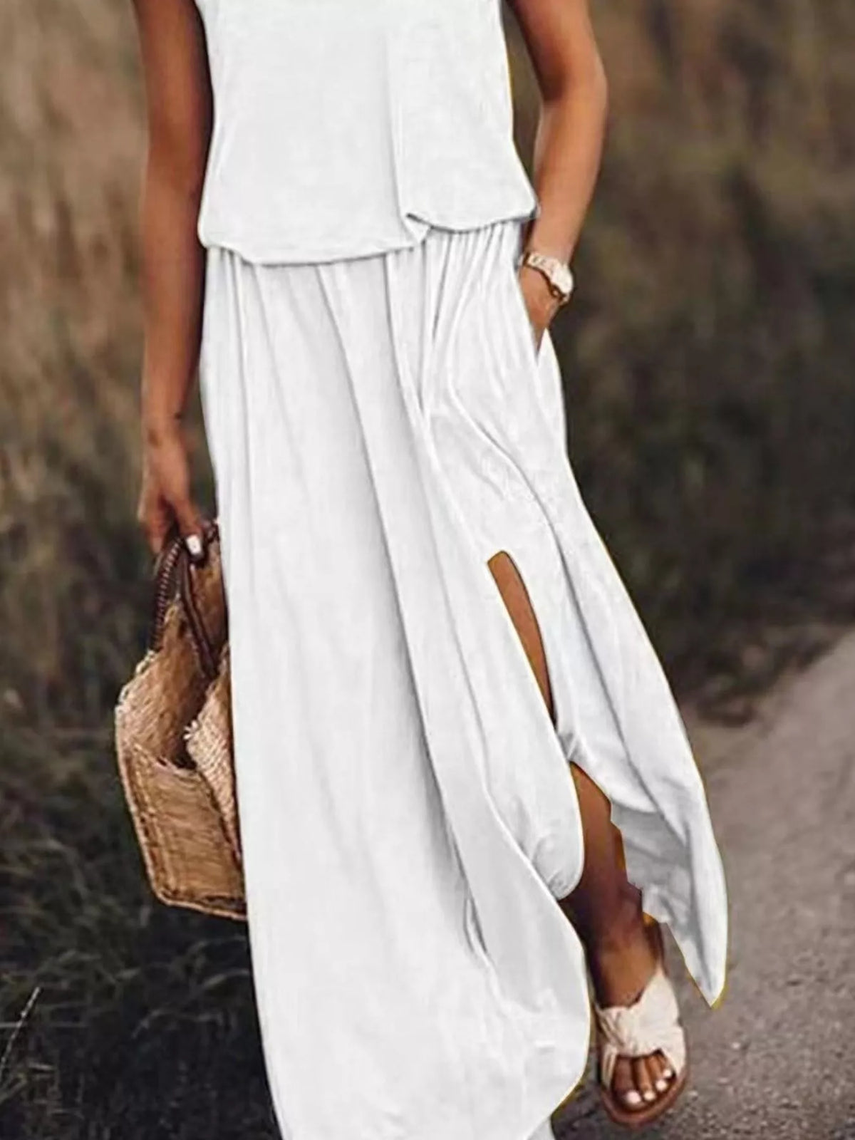 Round Neck Sleeveless Slit Maxi Dress