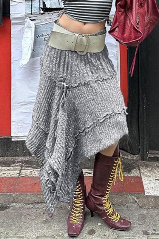 Knit Lettuce Trim Tiered Asymmetric Handkerchief Hem Midi Skirt