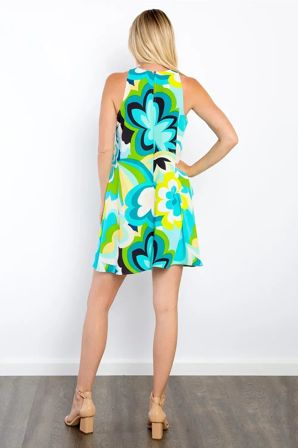 Retro Floral Print Halter Sleeveless Swing Mini Dress with Pockets 2