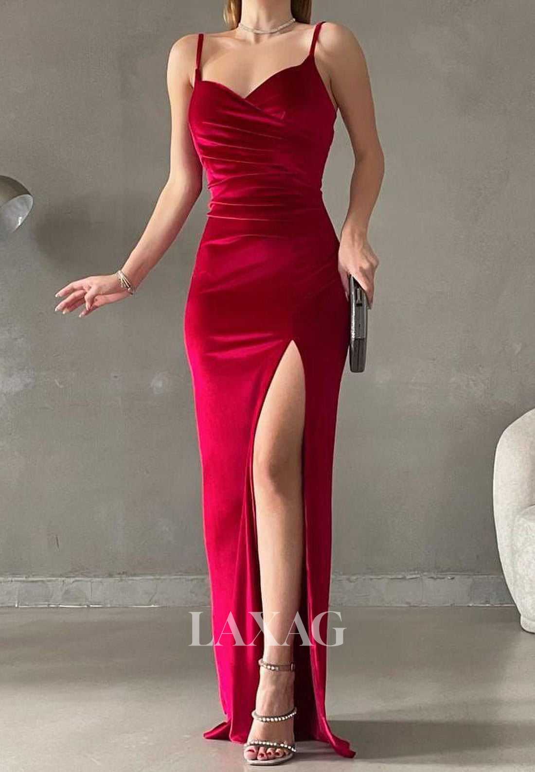 Sweetheart Spaghetti Straps Off-Shoulder Formal Gowns Pleated Floor-Length Mermaid Prom Dress