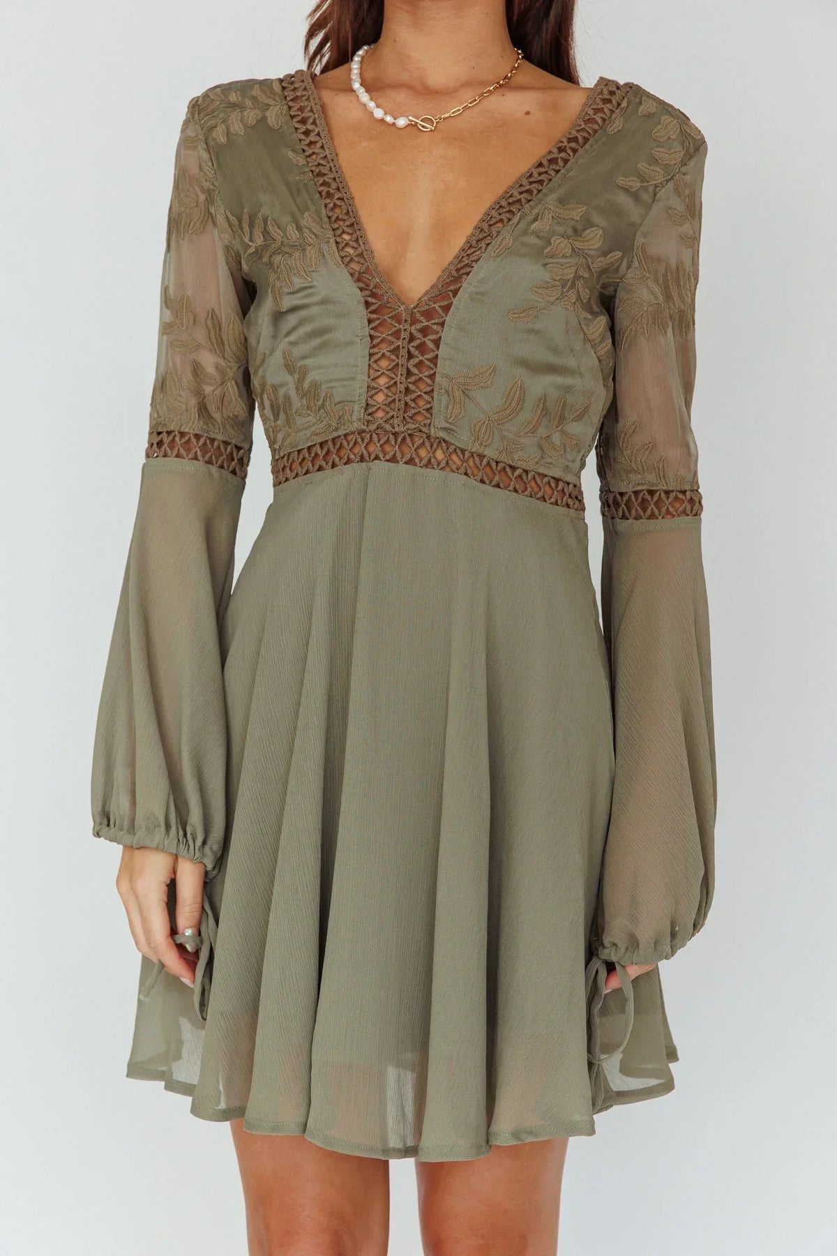 Embroidered Deep V-Neck Crochet Trim Balloon Sleeve Mini Dress 4