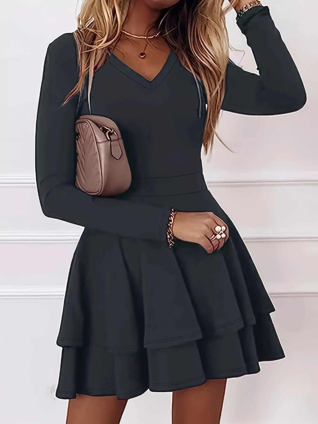 V-Neck Layered Ruffle Mini Dress Dark Gray