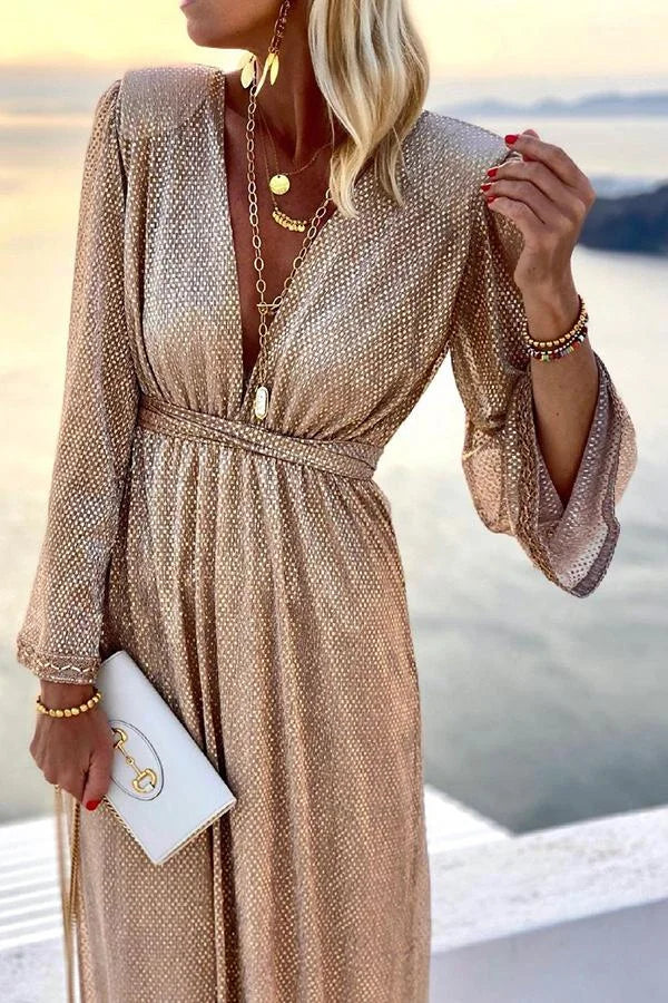 Sequin Deep V-Neck Bell Sleeve Empire Waist Maxi Party Gown