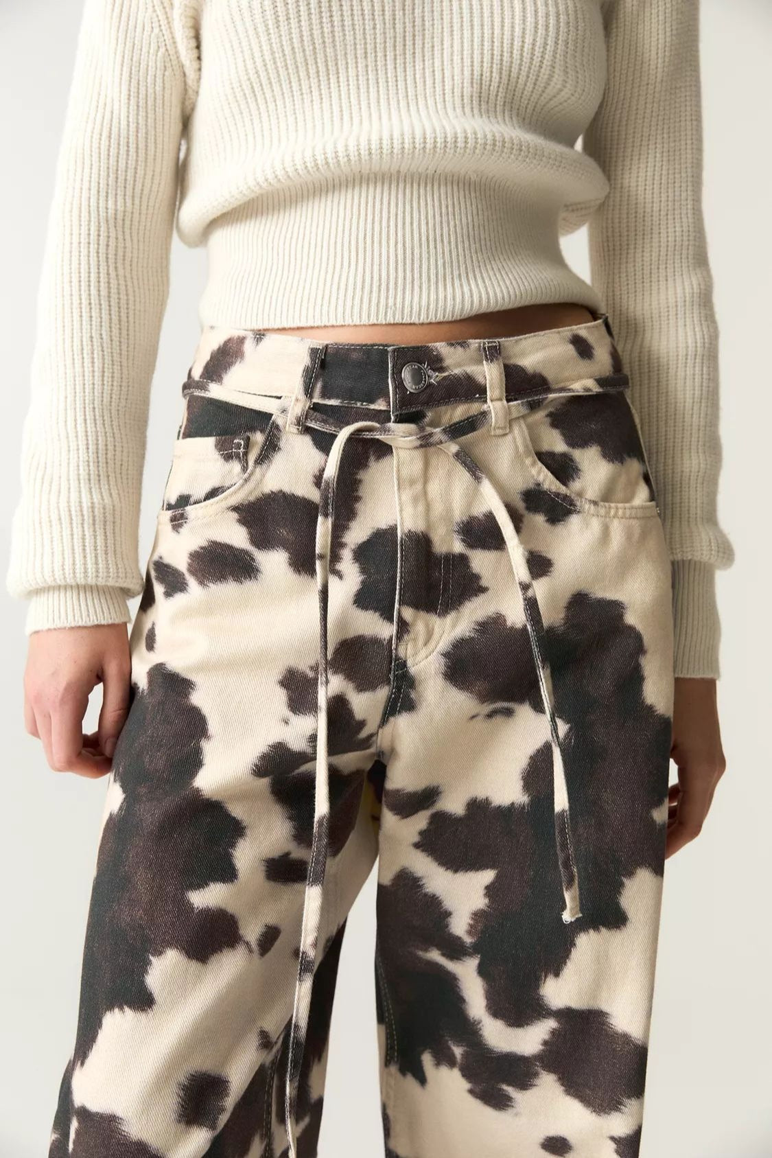 Cow Print Denim-Look Low Rise Loose Wide Leg Jeans 3