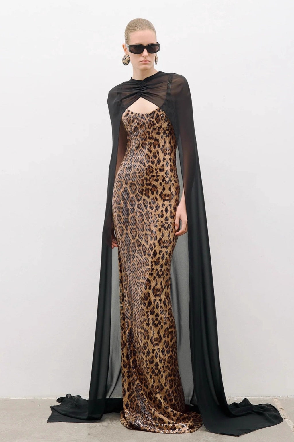 Leopard Sequin Sheer Cape Cut Out Mermaid Maxi Gown