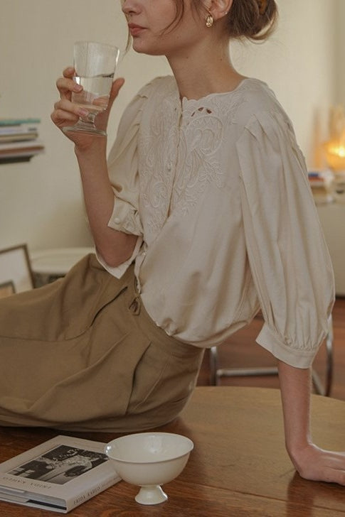 Embroidered Cut Out Puff Half Sleeve Button Front Blouse