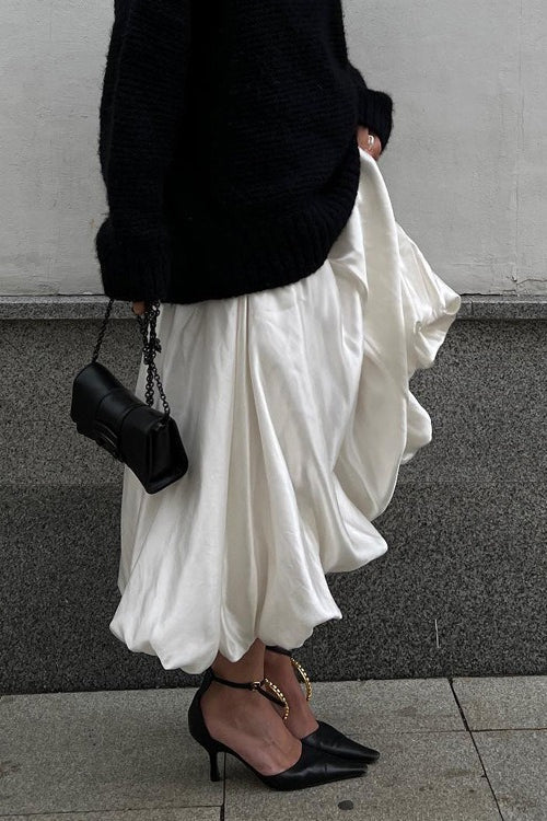 High Waist Satin Balloon Bubble Hem Midi Skirt