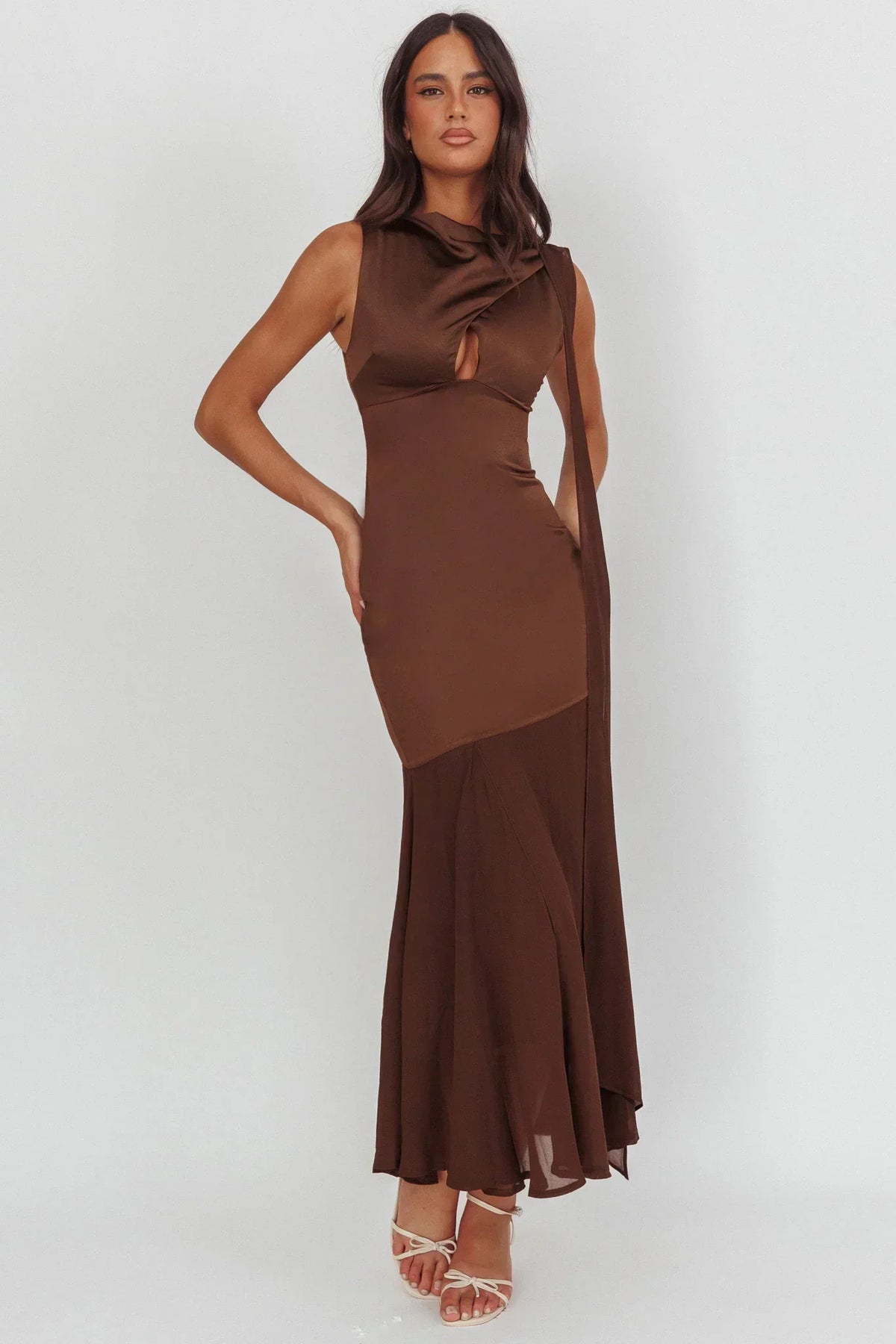 Satin Mock Neck Keyhole Bust Sleeveless Chiffon Mermaid Hem Maxi Dress