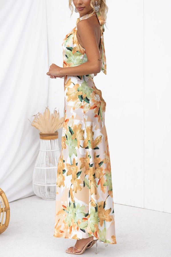 Satin Floral Halter Neck Backless Maxi Dress
