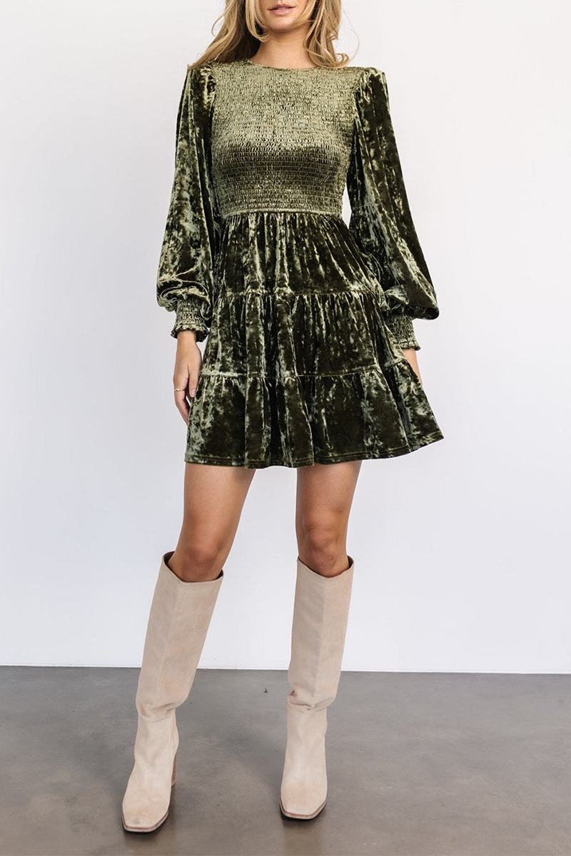 Piper Timeless Casual Daily Ruffle Velvet O Neck a Line Dresses (4 Colors) Elevated Occasion Wear