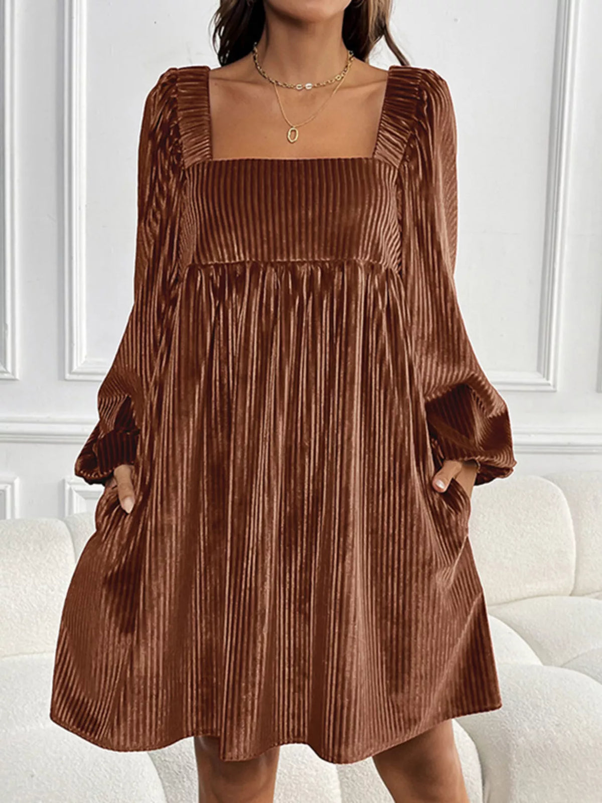 Velvet Square Neck Long Sleeve Dress