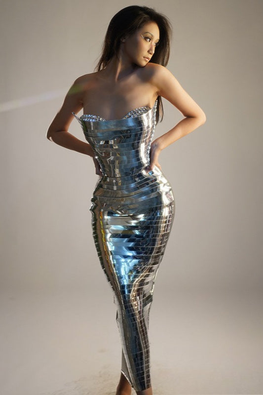 Metallic Strapless Corset Mirror Sequin Mermaid Gown