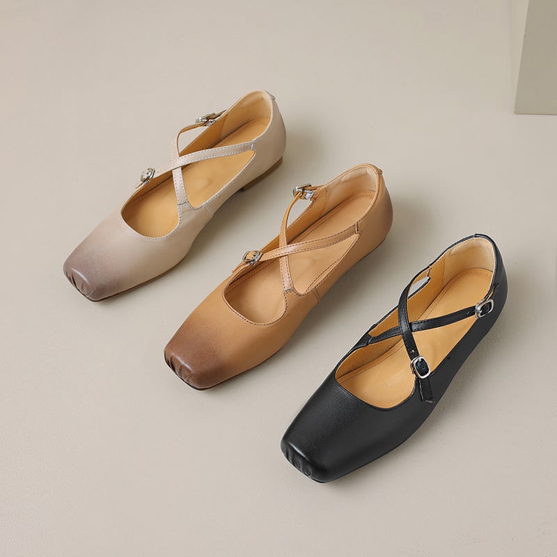 Shadrika Square Toe Block Heels Mary Jane Flats