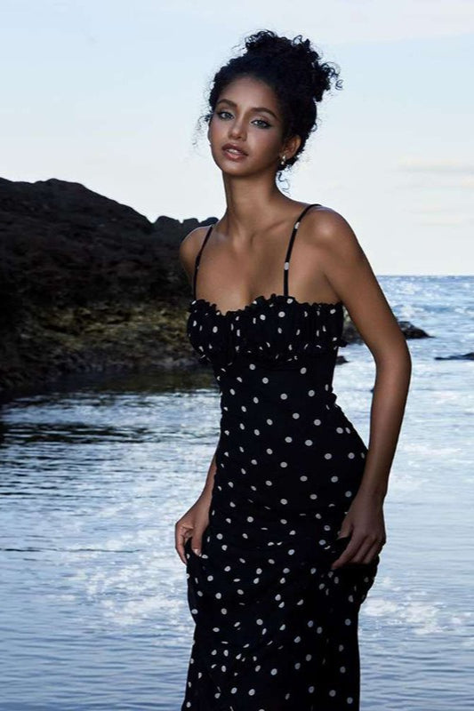 Polka Dot Spaghetti Strap Sweetheart Bustier Maxi Dress