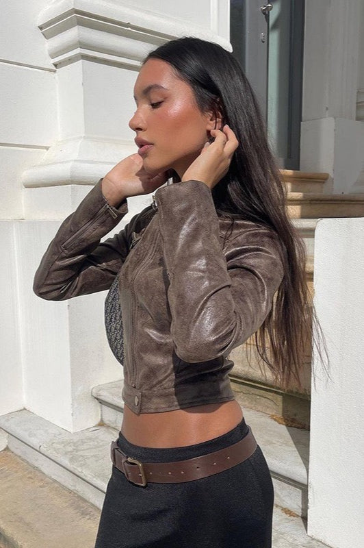 Brown Suede Stand Collar Jacket