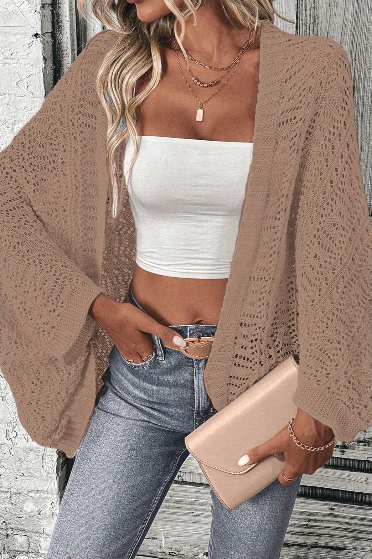 Open Front Batwing Sleeve Pointelle Knit Cropped Cardigan 7