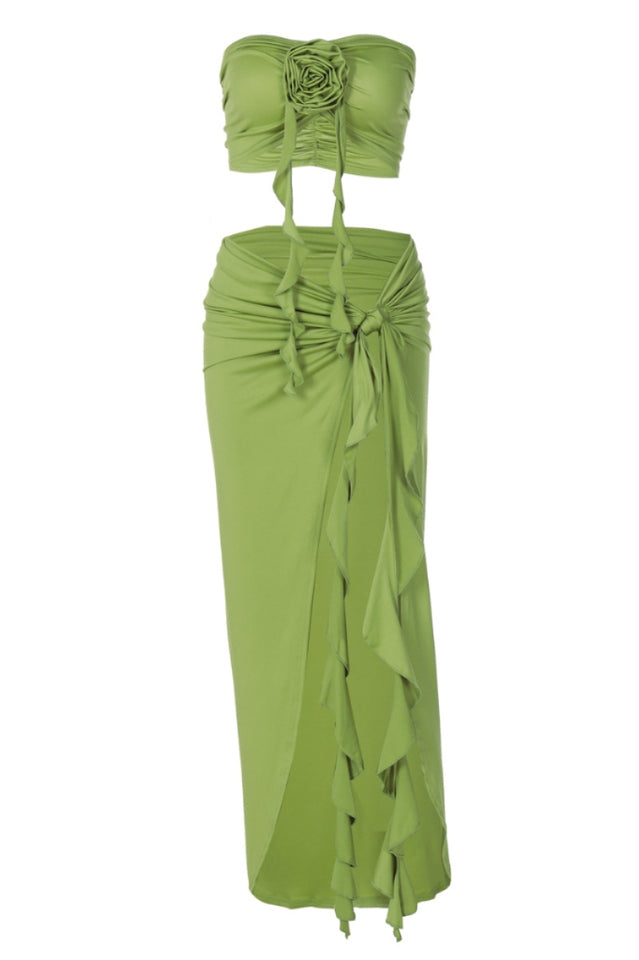 Strapless Rosette High Split Ruffle Two Piece Set 18