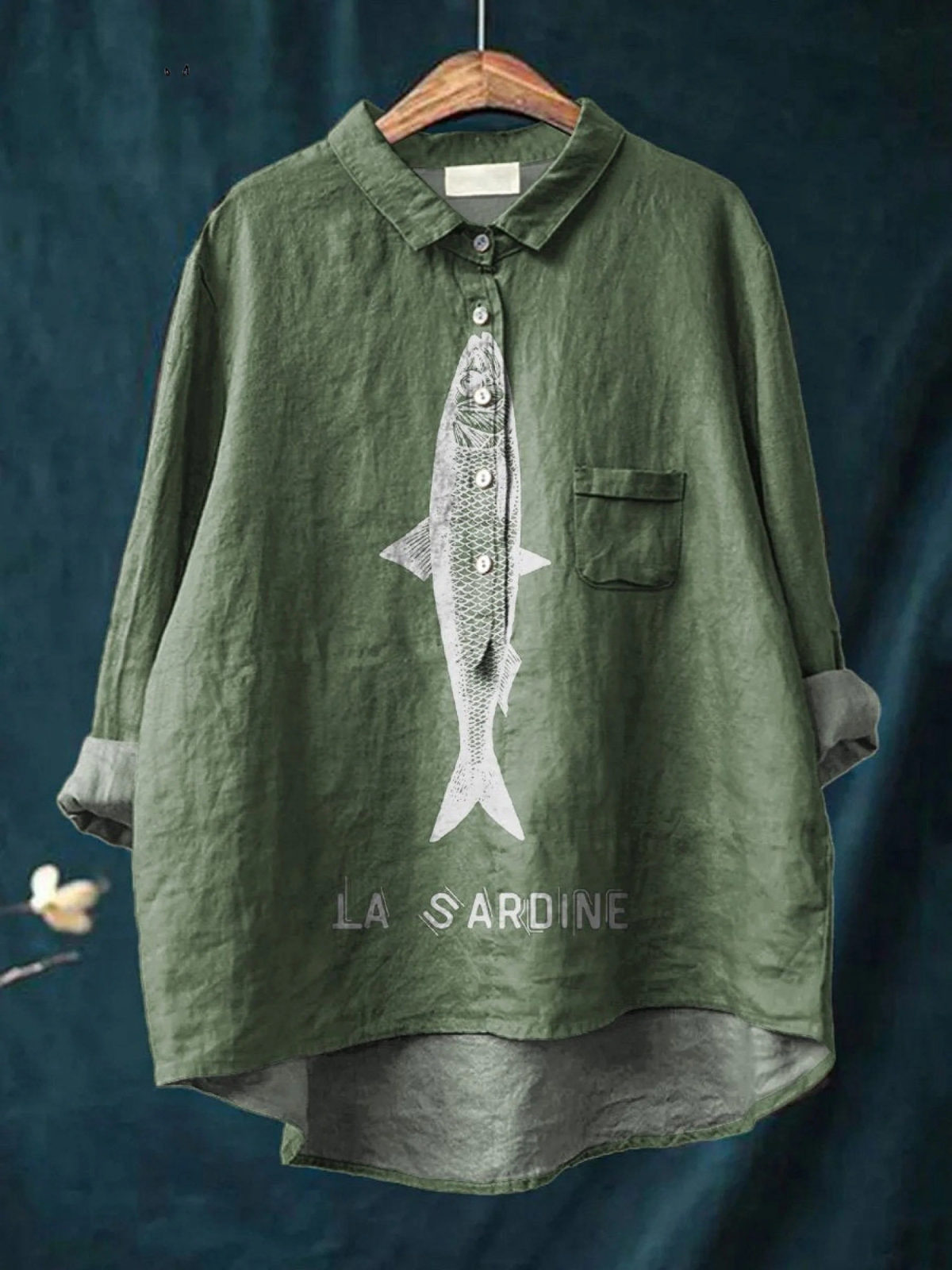 Sardine Fish Print Long Sleeve Button Front Shirt