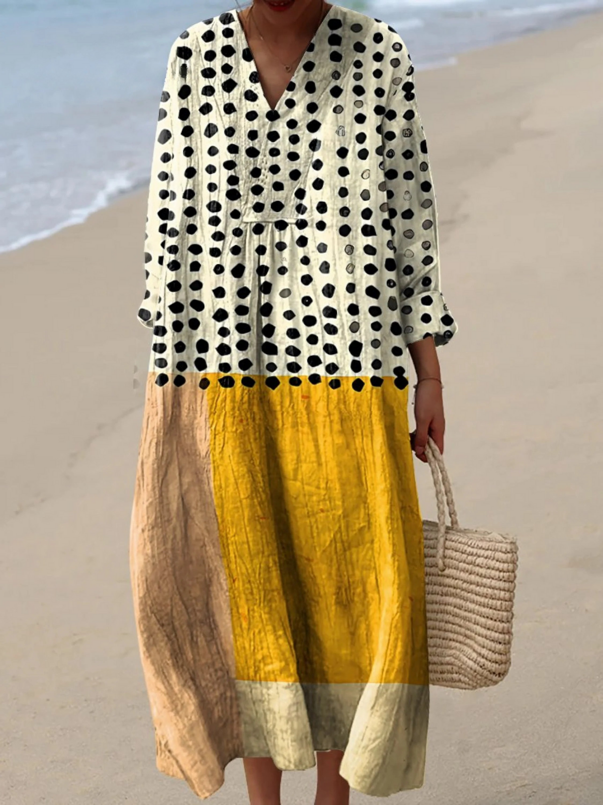 Polka Dot Color Block Long Sleeve V-Neck Maxi Dress
