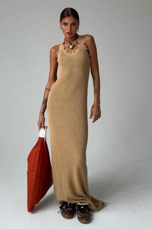 Distressed Slim Tank Top Knit Bodycon Maxi Sweater Dress