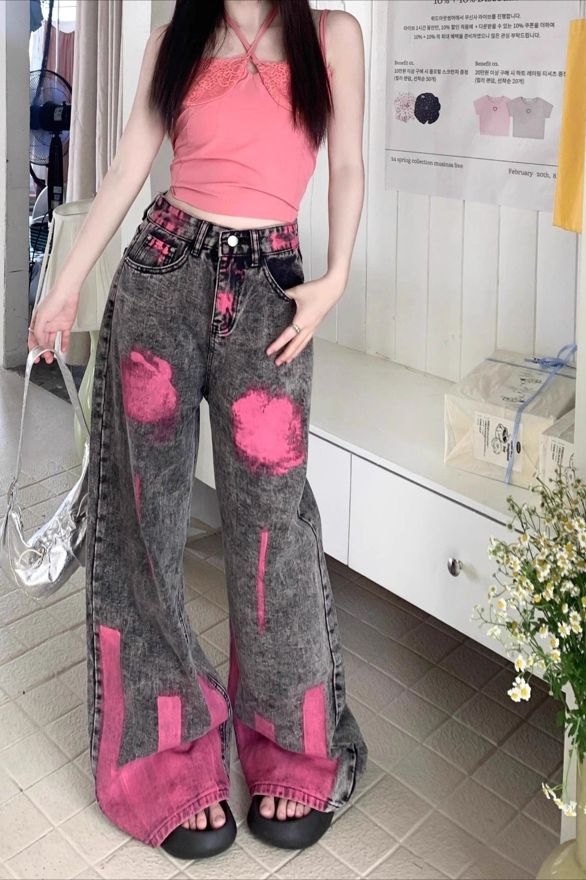 Acid Wash Graffiti Paint Print High Waist Wide Leg Jeans