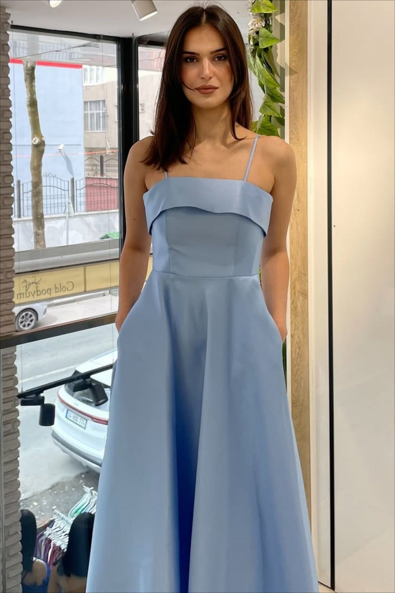 Spaghetti Strap Fit and Flare A-Line Midi Dress