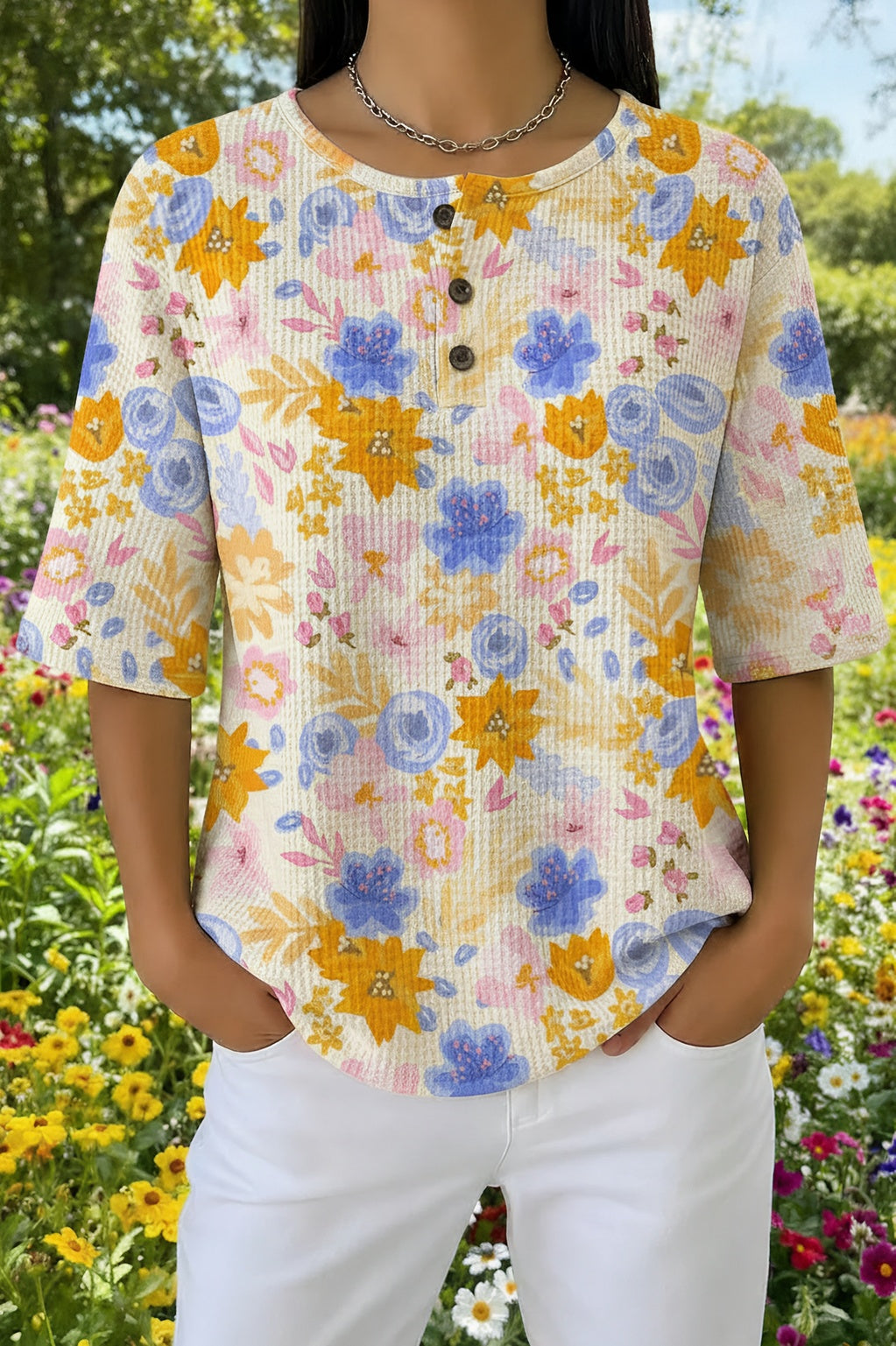Womens Cream Multi-Color Floral Print Casual Henley Shirt