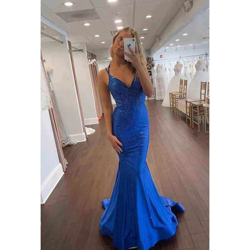 Charming Blue Mermaid Evening Dress,Blue Glam Dress cc1215