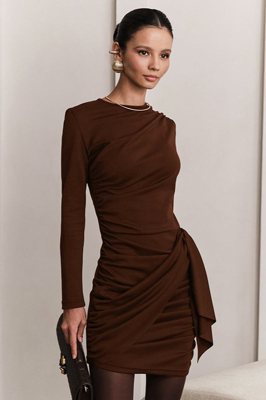 Round Neck Long Sleeve Ruched Wrap Mini Dress