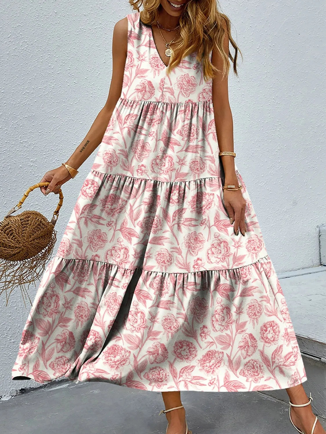 Floral V-Neck Sleeveless Tiered Flowy Maxi Dress - View 5