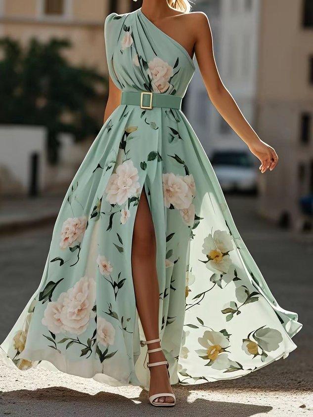 Light Green Floral Ruched One Shoulder A-Line Maxi Chiffon Dress Lightgreen