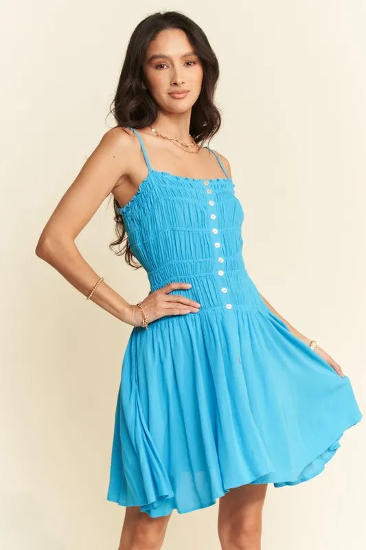 Davi & Dani Smocking Bodice Sleeveless Button Down Mini Dress