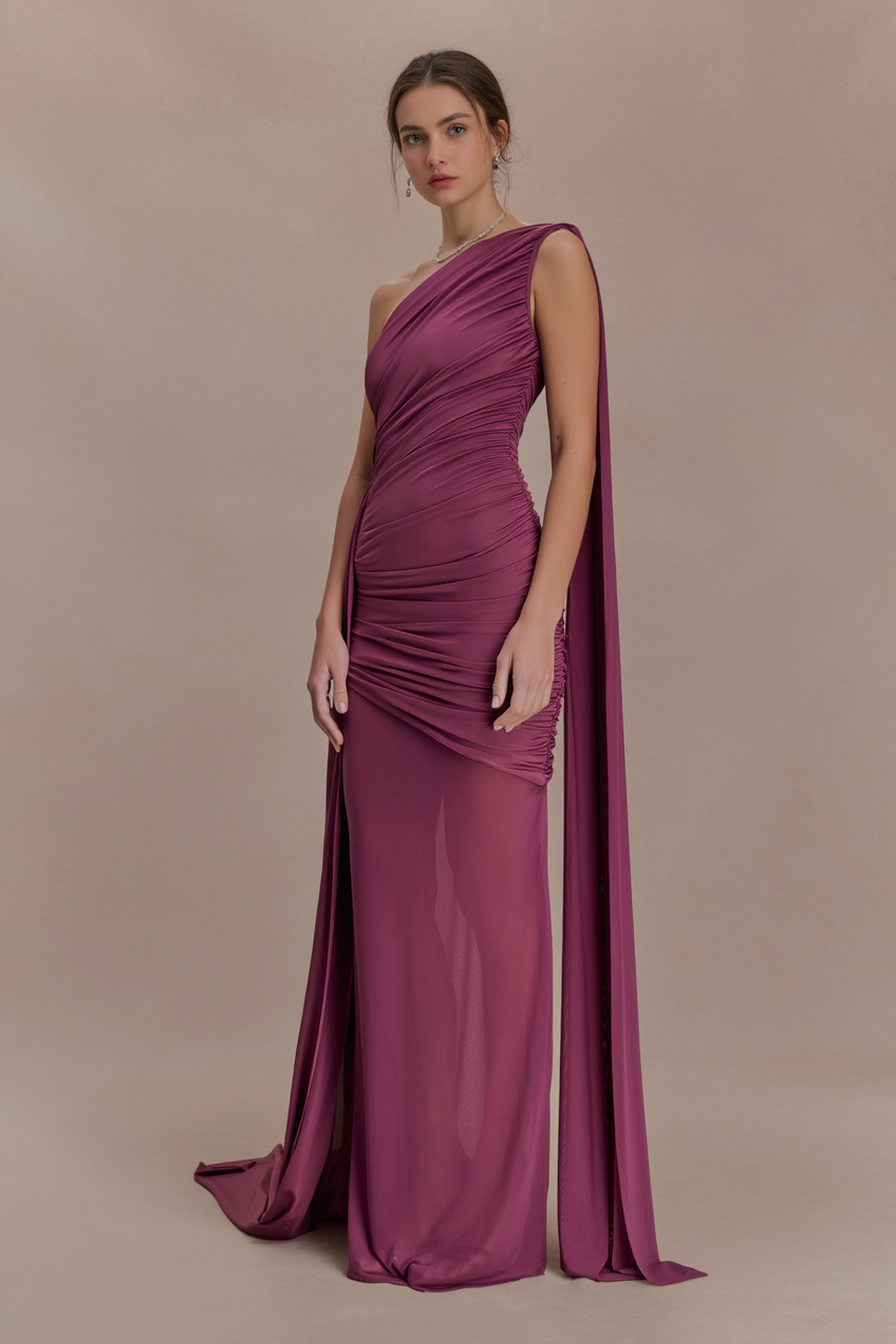 Elegant Mesh Paneled One Shoulder Cape Fitted Party Dress