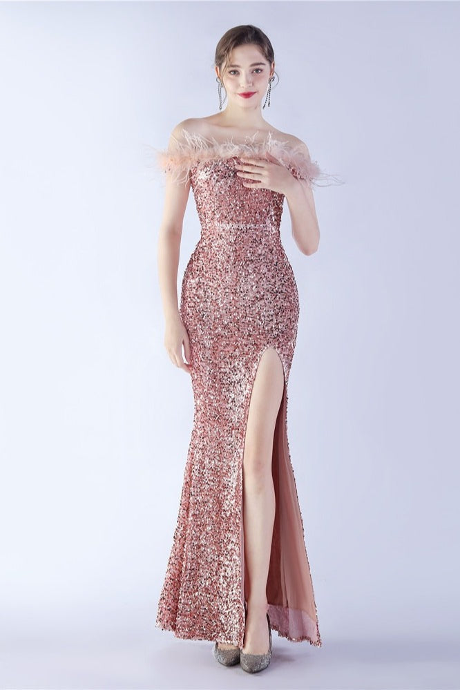 Sequin Off Shoulder Feather Trim High Split Mermaid Gown