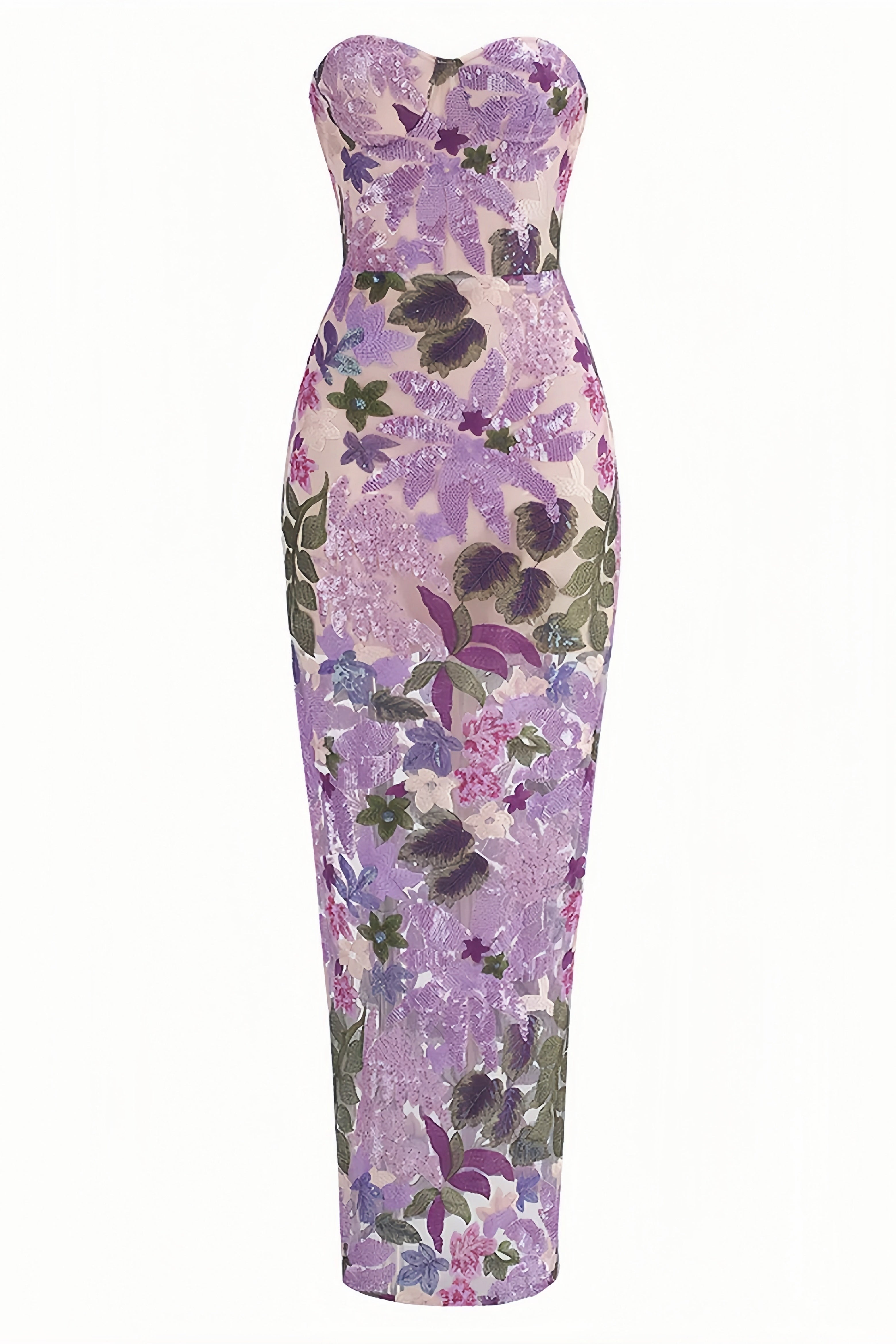 Floral Sequin Strapless Sweetheart Sheer Mermaid Maxi Gown